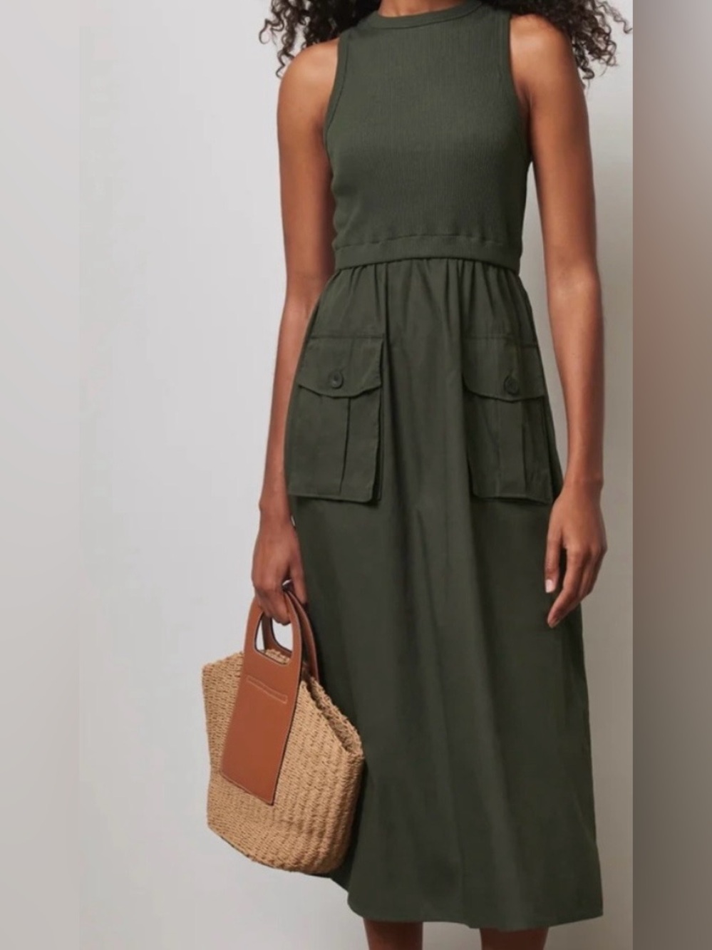 Mint Jersey Cargo Midi Dress Size S color Olive with Utility Pockets